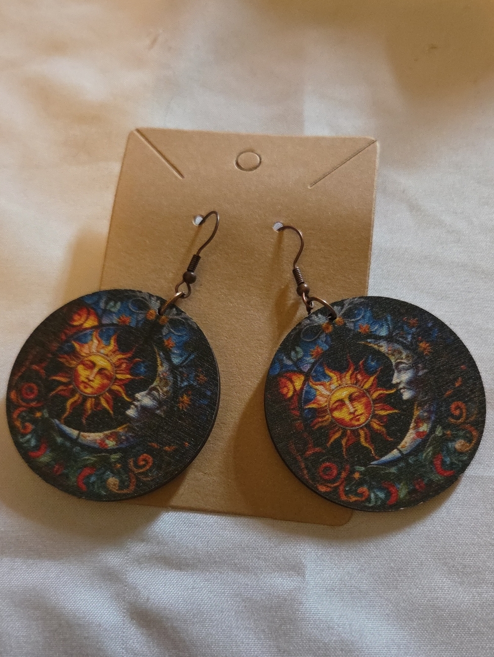 Celestial Sun & Moon Wooden Drop Earrings - Black with Multicolor Accent